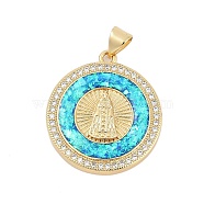 Brass Micro Pave Cubic Zirconia Pendants, Flat Round with Nossa Senhora Aparecida Charms, with Synthetic Opal, Long-Lasting Plated, Rack Plating, Lead Free & Cadmium Free, Real 18K Gold Plated, 25x22x4mm, Hole: 5x3mm(KK-I723-40G)