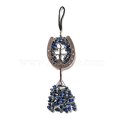 Natural Lapis Lazuli Chip Tree of Life Pendants Decoration, Brass Horse Shose Tassel Gems Hanging Ornaments, 220mm, Pendant: 170x59x7mm(G-F733-06F)
