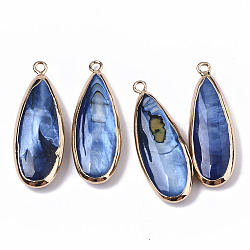 Natural Freshwater Shell Pendants, with Iron Loops, Edge Golden Plated, Dyed, Teardrop, Marine Blue, 31~33x10.5~12x5mm, Hole: 1.8mm(X-SHEL-R047-03A)