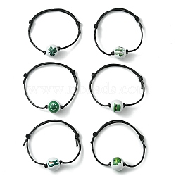 Saint Patrick's Day Wood Round Braided Beaded Bracelets, Waxed Polyester Cords Adjustable Bracelet, Mixed Color, Inner Diameter: 3~3-1/8 inch(7.5~8cm)(BJEW-JB09595)