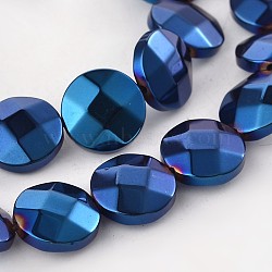 Electroplate Non-magnetic Synthetic Hematite Flat Round Bead Strands, Nickel Free & Lead Free, Faceted, Blue Plated, 10x4mm, Hole: 1mm, about 37pcs/strand, 15.35 inch(G-L368-05F)