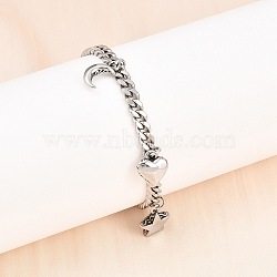 316 Surgical Stainless Steel Moon Heart Star Charm Bracelets, Curb Chain Bracelets for Women, Stainless Steel Color, 7-1/4 inch(18.5cm)(BJEW-C125-11P)
