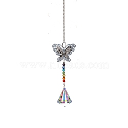 Glass Prisms Sun Catcher Hanging Prism Ornaments with Iron Butterfly, for Home, Garden, Ceiling Chandelier Decoration, Cone Pattern, 340~360mm, Glass pendant: 42x33mm(HJEW-PW0002-14F)