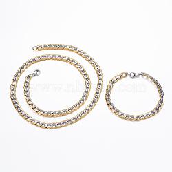304 Stainless Steel Jewelry Sets, Textured Curb Chain Bracelets & Necklaces, with Lobster Claw Clasps, Golden & Stainless Steel Color, 23.62 inch(60cm), 8-1/4 inch(210mm)(SJEW-H067-16GP)