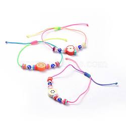 Adjustable Nylon Thread Kid Braided Beads Bracelets, with Polymer Clay Heishi Beads Beads, Round Glass Seed Beads and Handmade Evil Eye Lampwork Round Beads, Fruits, Mixed Color, 1/8 inch~2-5/8 inch(1.8~6.8cm)(BJEW-JB04454-M)
