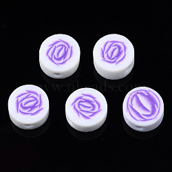 Handmade Polymer Clay Beads, for DIY Jewelry Crafts Supplies, Flat Round with Flower, Medium Purple, 9~9.5x4~4.5mm, Hole: 1.8mm(CLAY-N008-041E)