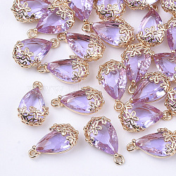 Transparent Glass Pendants, with Brass Findings, Faceted, teardrop, with Flower, Light Gold, Medium Purple, 16x9x6mm, Hole: 1.2mm(GLAA-T007-05D)