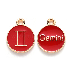 Alloy Enamel Pendants, Cadmium Free & Lead Free, Flat Round with Constellation, Light Gold, Red, Gemini, 22x18x2mm, Hole: 1.5mm(X-ENAM-S124-01A-07I)