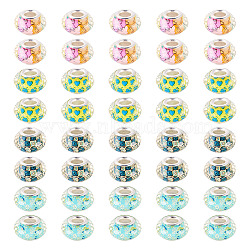 40Pcs 4 Colors Resin European Beads, Rondelle with Flower Large Hole Beads, with Silver Color Plated Brass Cores, Mixed Color, 14x9mm, Hole: 4.7mm, 10pcs/color(RPDL-TA0001-15)