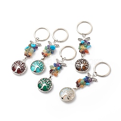 Flat Round with Tree of Life Natural & Synthetic Mixed Stone Chips & Brass Pendant Keychain, with Iron Split Key Rings, 10.7~11cm(KEYC-JKC00358)