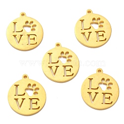 304 Stainless Steel Pendants, Manual Polishing, Flat Round with Word LOVE, Golden, 15.5x18x1.4mm, Hole: 1.2mm(X-STAS-F231-038G-A)