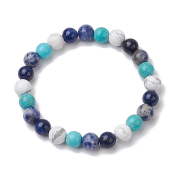 8.5mm Round Natural Lapis Lazuli & Howlite & Synthetic Turquoise & Blue Spot Jasper Bead Stretch Bracelets for Women, Inner Diameter: 2-1/8 inch(5.5cm)