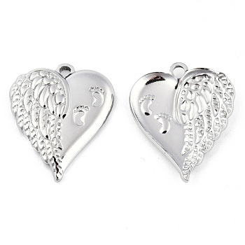201 Stainless Steel Pendants, Heart Charm with Footprint, Stainless Steel Color, 28x21.5x3mm, Hole: 2mm