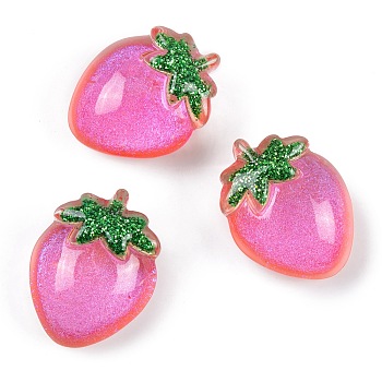 Transparent Epoxy Resin Fruit Decoden Cabochons, Glitter Strawberry, Hot Pink, 21x16x10mm