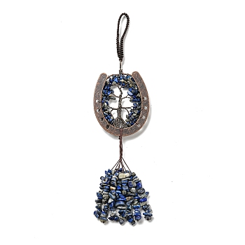 Natural Lapis Lazuli Chip Tree of Life Pendants Decoration, Brass Horse Shose Tassel Gems Hanging Ornaments, 220mm, Pendant: 170x59x7mm