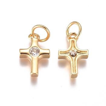 Brass Charms, with Cubic Zirconia and Jump Rings, Cross, Clear, Golden, 12x8x2mm, Hole: 3mm