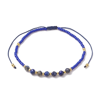 Adjustable Natural Lapis Lazuli & Seed Braided Bead Bracelets, Inner Diameter: 1-3/4~3-3/8 inch(4.6~8.7cm)