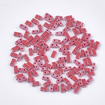 2-Hole Opaque Glass Seed Beads, Lustered, Rectangle, Indian Red, 4.5~5.5x2x2~2.5mm, Hole: 0.5~0.8mm