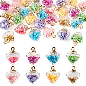Pandahall 32pcs 8 colors Glass Bottle Pendant, with Glitter Star & Light Gold Alloy Findings, Heart Charms, Mixed Color, 23.5x18x11mm, Hole: 2mm, 4pcs/color