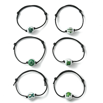 Saint Patrick's Day Wood Round Braided Beaded Bracelets, Waxed Polyester Cords Adjustable Bracelet, Mixed Color, Inner Diameter: 3~3-1/8 inch(7.5~8cm)