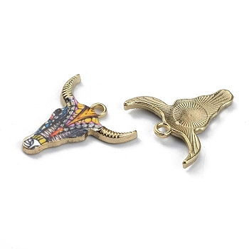 Alloy Enamel Printed Pendants, Cattle's Head Charms, Golden, Colorful, 21.5x20.5x2mm, Hole: 2mm
