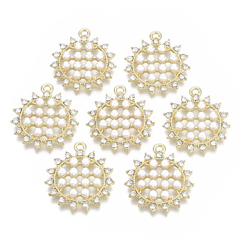 Alloy Pendants, with Crystal Rhinestone and ABS Plastic Imitation Pearl, Sun Flower, Light Gold, 27x24x4.5mm, Hole: 1.6mm