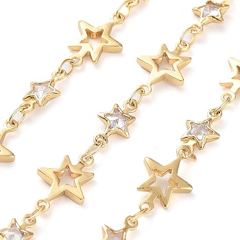 Handmade Glass Star Link Chains, with Brass Findings, with Spool, Soldered, Real 18K Gold Plated, Star: 12.5x8x1mm and 10x5.5x2mm, about 16.40 Feet(5m)/Roll