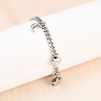 316 Surgical Stainless Steel Moon Heart Star Charm Bracelets, Curb Chain Bracelets for Women, Stainless Steel Color, 7-1/4 inch(18.5cm)