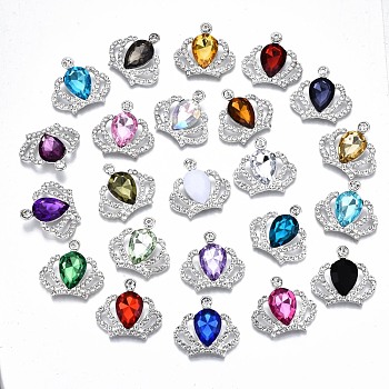 Alloy Acrylic Rhinestone Cabochons, with Rhinestone, Faceted, Crown, Cadmium Free & Lead Free, Mixed Color, Silver, 29x31.5x7.5mm