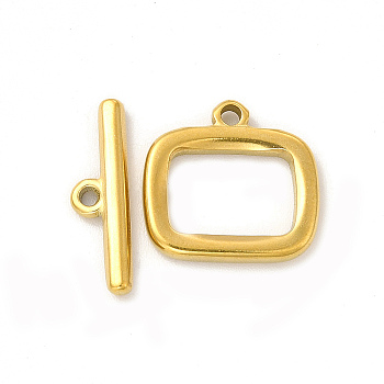 Ion Plating(IP) 304 Stainless Steel Toggle Clasps, Rectangle, Real 18K Gold Plated, Rectangle: 13.5x14x2mm, Hole: 1.4mm, 6.5x9.5mm inner diameter, Bar: 16.5x5x2mm, hole: 1.2mm