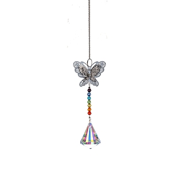 Glass Prisms Sun Catcher Hanging Prism Ornaments with Iron Butterfly, for Home, Garden, Ceiling Chandelier Decoration, Cone Pattern, 340~360mm, Glass pendant: 42x33mm