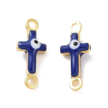 Brass Enamel Connector Charms, Real 18K Gold Plated, Religion Cross with Evil Eye Pattern, Marine Blue, 5.5x13x3mm, Hole: 1.2mm