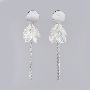 Transparent Acrylic Dangle Earring, with 304 Stainless Steel Stud Earring Findings and Cable Chains, Petal, White, 109mm, Pin: 0.8mm