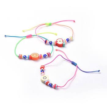 Adjustable Nylon Thread Kid Braided Beads Bracelets, with Polymer Clay Heishi Beads Beads, Round Glass Seed Beads and Handmade Evil Eye Lampwork Round Beads, Fruits, Mixed Color, 1/8 inch~2-5/8 inch(1.8~6.8cm)