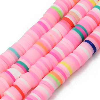 Handmade Polymer Clay Beads Strands, for DIY Jewelry Crafts Supplies, Heishi Beads, Disc/Flat Round, Pink, 6x0.5~1mm, Hole: 1.8mm, about 290~320pcs/strand, 15.75 inch~16.14 inch(40~41cm)