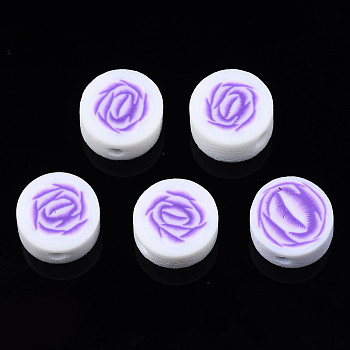 Handmade Polymer Clay Beads, for DIY Jewelry Crafts Supplies, Flat Round with Flower, Medium Purple, 9~9.5x4~4.5mm, Hole: 1.8mm