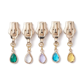 Alloy Replacement Zipper Sliders, with Teardrop Brass Glass Charms, Mixed Color, 4cm