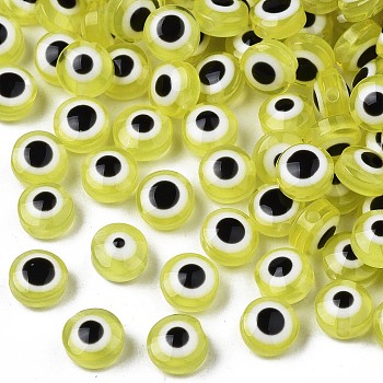 Transparent Resin Beads, Flat Round with Evil Eye, Yellow, 6x3.5mm, Hole: 1.2mm