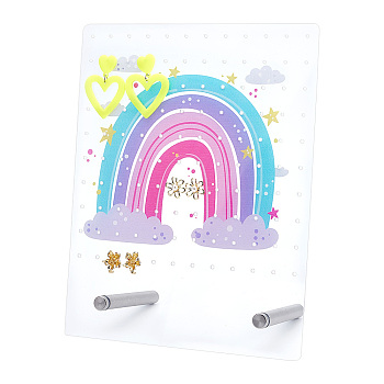 Acrylic Earring Display Stands, with Platinum Tone Iron Screw, Rectangle with Rainbow Pattern, Clear, 20x10x25cm
