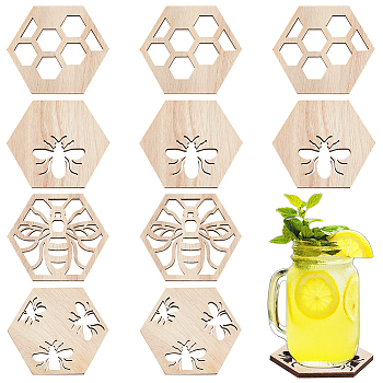 12Pcs 4 Style Wood Cup Mat, Hollow-out Coaster, Hexagon with Bees & Hexagon Pattern, Mixed Patterns, 82x95x5mm, 3pcs/style