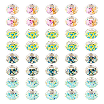 40Pcs 4 Colors Resin European Beads, Rondelle with Flower Large Hole Beads, with Silver Color Plated Brass Cores, Mixed Color, 14x9mm, Hole: 4.7mm, 10pcs/color