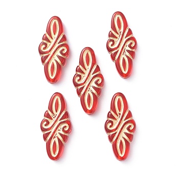 Plating Acrylic Beads, Metal Enlaced, Rhombus with Floral, Red, 29.5x14x5.5mm, Hole: 1.4mm