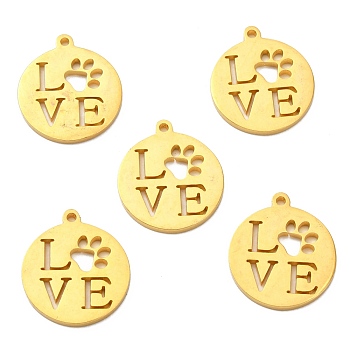 304 Stainless Steel Pendants, Manual Polishing, Flat Round with Word LOVE, Golden, 15.5x18x1.4mm, Hole: 1.2mm