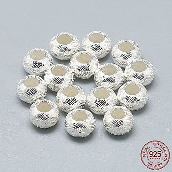 925 Sterling Silver European Beads, Large Hole Beads, Rondelle, Silver, 9.5x6.5mm, Hole: 4mm