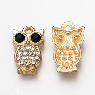 Alloy Rhinestone Pendants, Owl, Colorful, Light Gold, 17x11x3.5mm, Hole: 1mm(ALRI-T004-61LG)