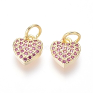 Brass Micro Pave Cubic Zirconia Charms, with Jump Rings, Heart, Magenta, Golden, 9.5x8x2.5mm, Hole: 3.5mm(X-ZIRC-I032-34G)