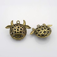Hollow Tibetan Style Alloy Animal Pendants, Cow, Nickel Free, Antique Bronze, 30x39x15mm, Hole: 2mm(PALLOY-J416-25AB-NF)