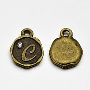 Antique Bronze Plated Alloy Rhinestone Charms, Flat Round with Letter.C, Nickel Free, 13x10x1.5mm, Hole: 1mm(ALRI-J152-C-NF)