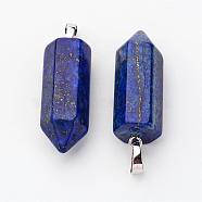 Brass Natural Lapis Lazuli Pendants, Bullet, Platinum, Pointed Pendant, 33~36x12mm, Hole: 5x7mm(G-O160-03E)