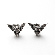 Retro 304 Stainless Steel Skull with Wing Ear Studs, Hypoallergenic Earrings, Antique Silver, 11x17.5mm, pin: 0.8mm.(EJEW-P057-39)